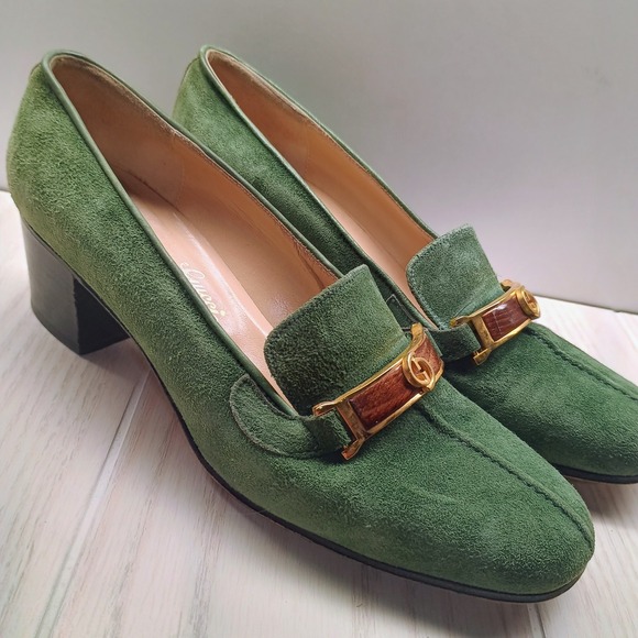 Vintage Gucci Emerald Green Suede Loafers Block Heel Gold Hardware Made In Italy - Picture 1 of 10